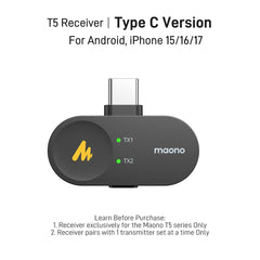 Camera, Lightning & Type C Receivers For T5 Wireless Microphone